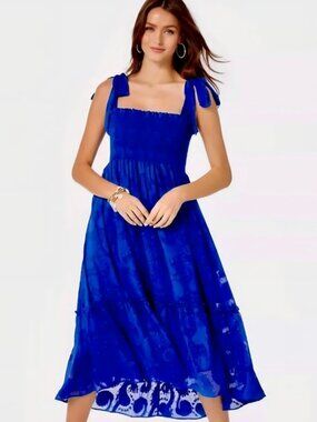 Lilly Pulitzer Rivera Smocked Midi Dress Blue Grotto size XL